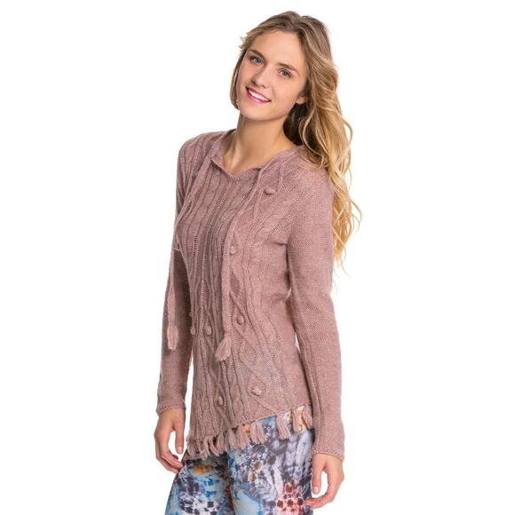⭐️ 3/$20 Prana Shelby Poncho Sweater XS Pink Blush Pom Cable Knit Fringe Hem - Picture 2 of 11